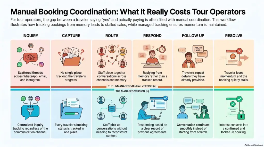 Workflow diagram comparing manual versus managed booking coordination, from inquiry through resolve, for tour operators