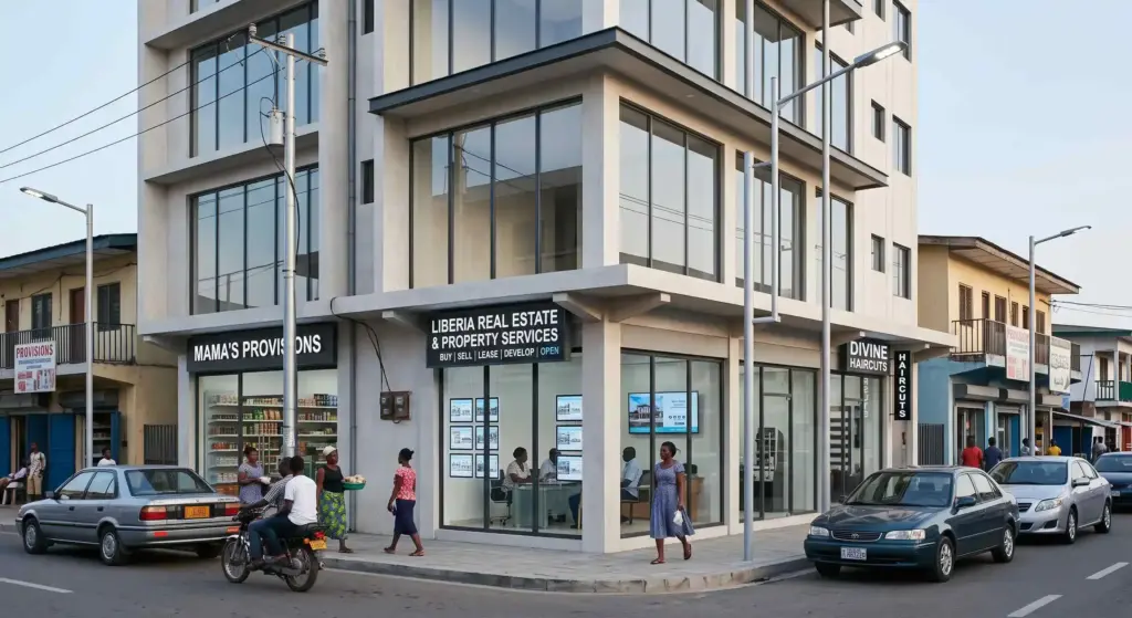 Real estate agency storefront in Monrovia, Liberia, representing the visibility path a buyer follows before making contact.