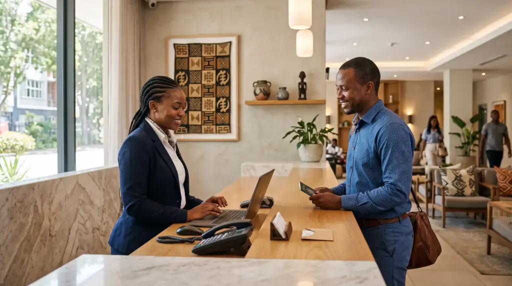 Hotel reception representing the booking journey between OTA discovery and direct guest contact.